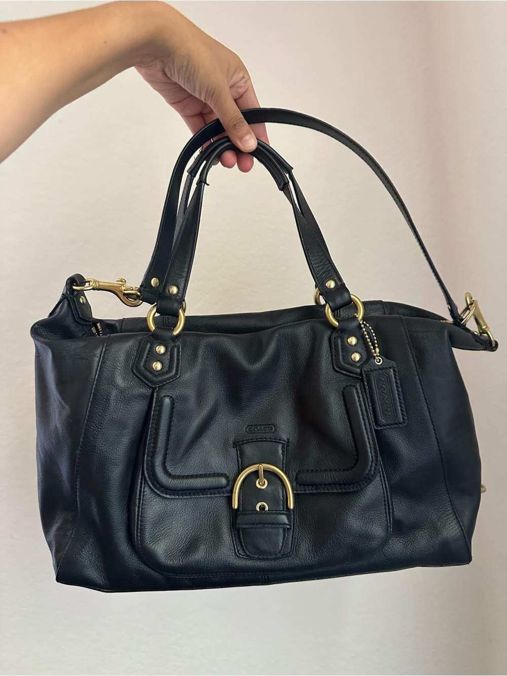 Coach Black Leather Shoulder Satchel with Gold Hardware